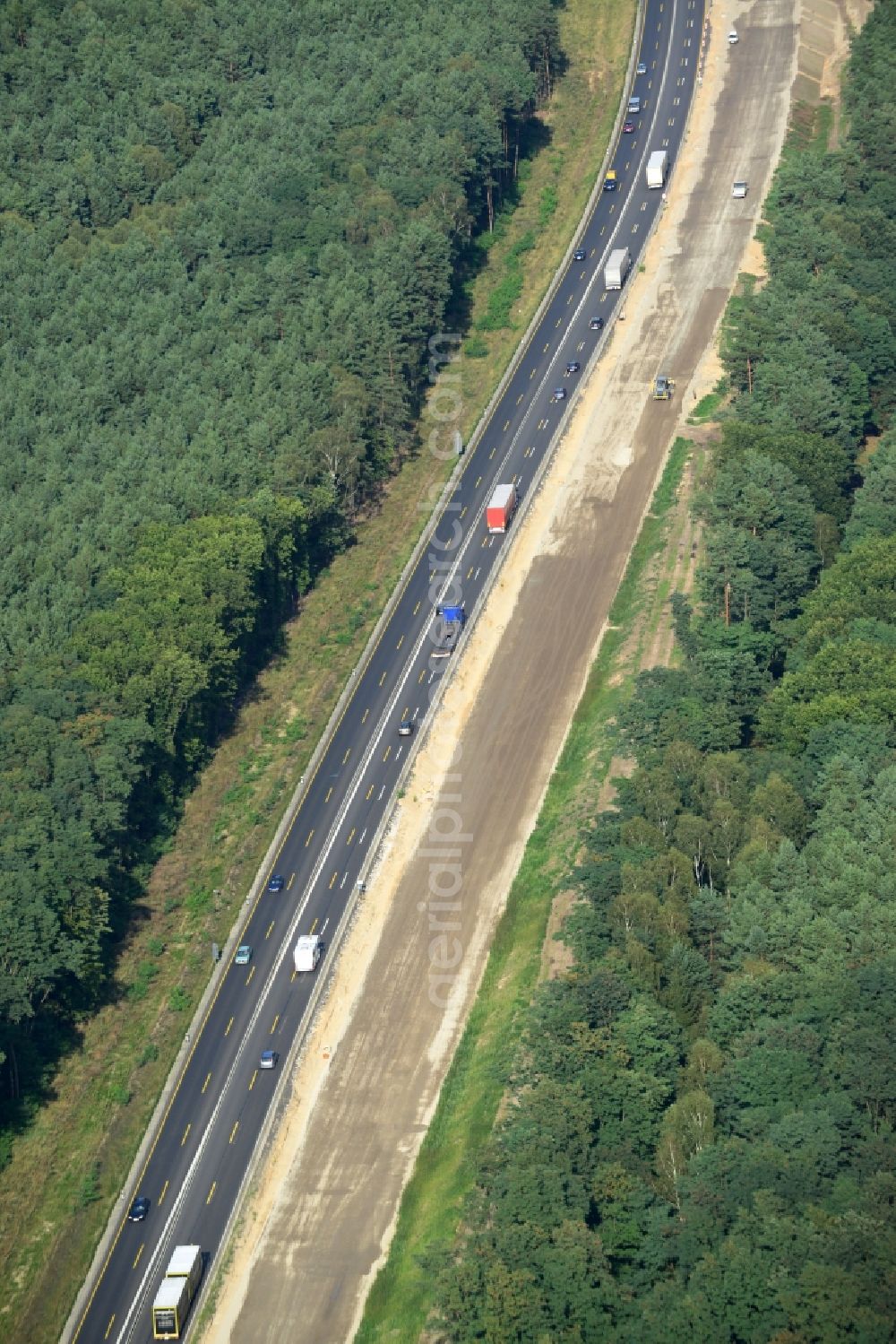 Aerial image Markgrafpieske - View expansion and widening of the route of the highway / motorway BAB A12 / E30 Markgrafpieske in the state of Brandenburg