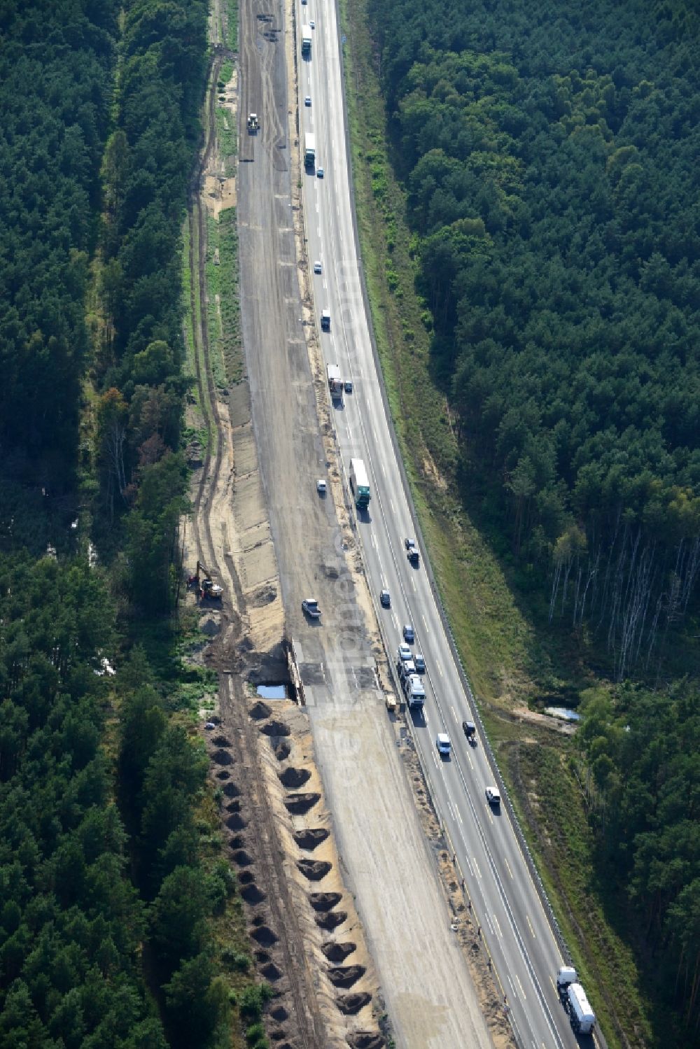 Markgrafpieske from above - View expansion and widening of the route of the highway / motorway BAB A12 / E30 Markgrafpieske in the state of Brandenburg