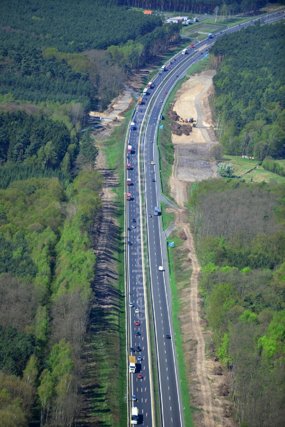 Rauen from above - View expansion and widening of the route of the highway / motorway BAB A12 / E30 Rauen in the state of Brandenburg