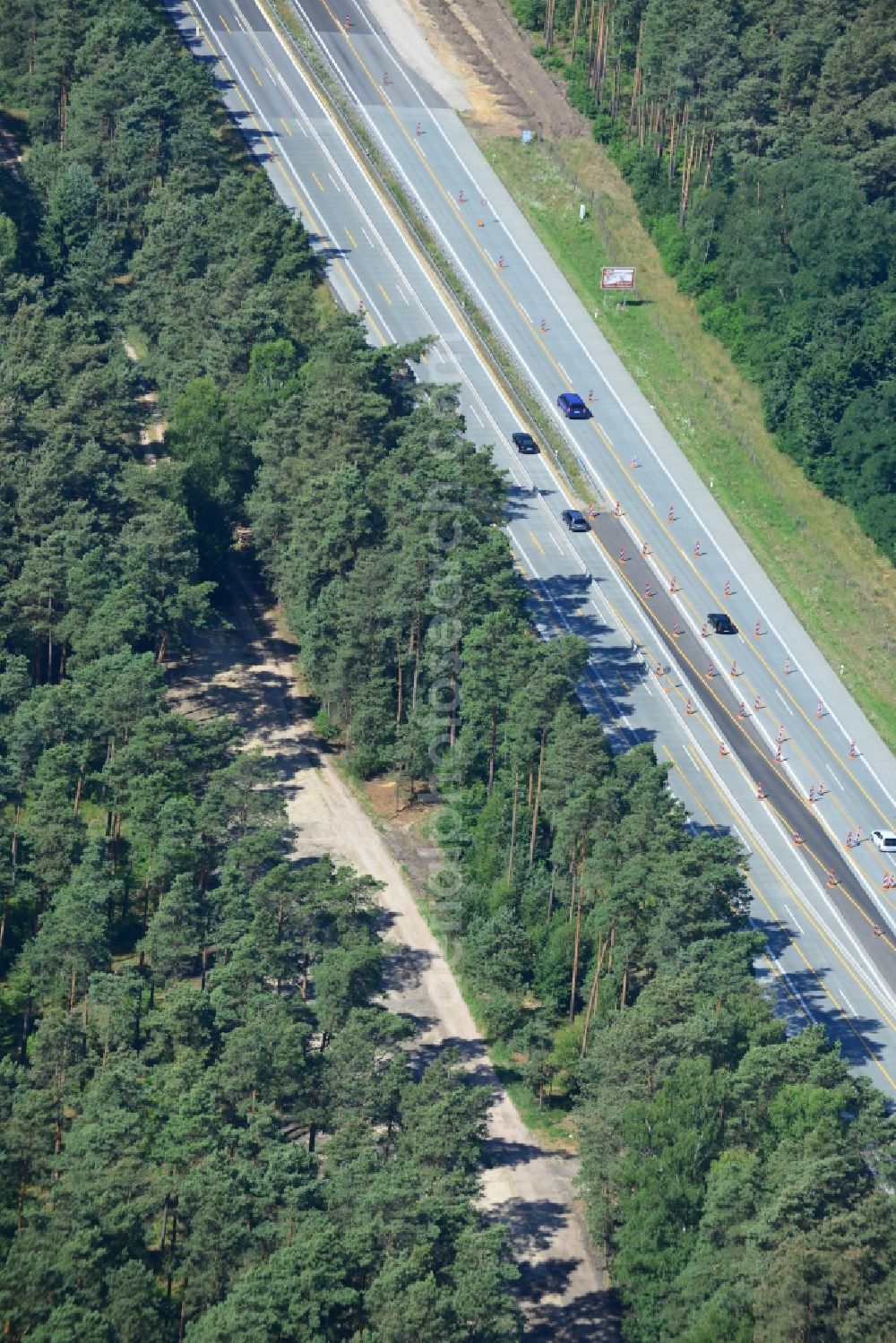 Rauen from the bird's eye view: Construction and widening of the route of the highway / motorway BAB A12 / E30 at Rauen in Brandenburg