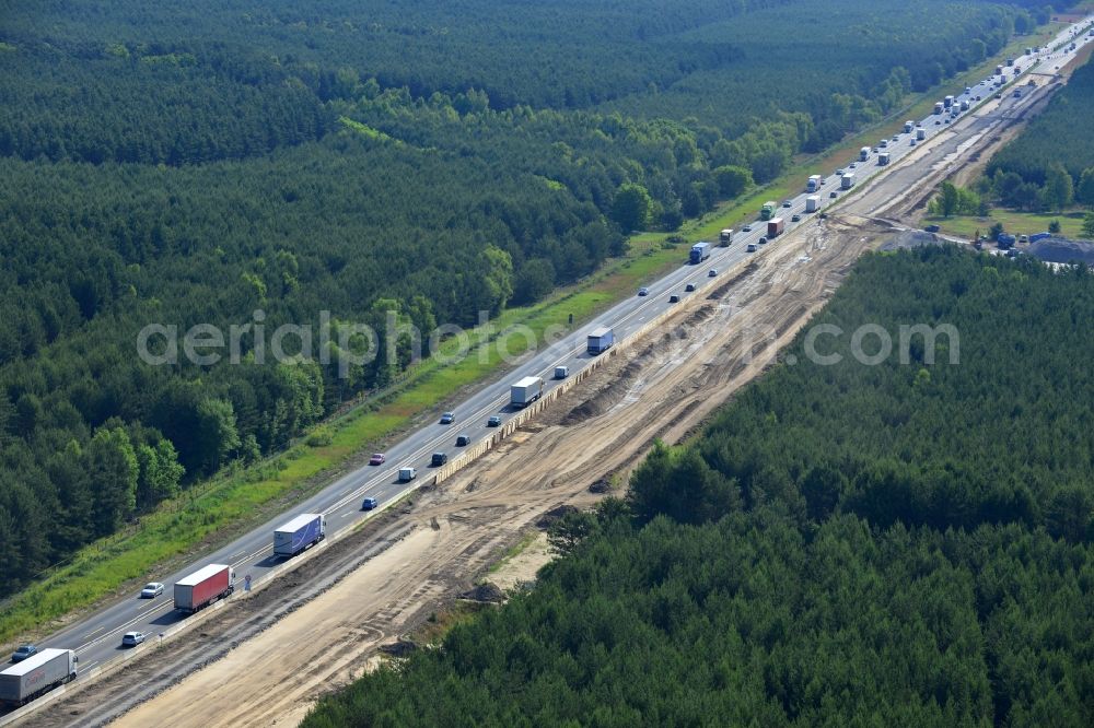 Rauen from the bird's eye view: Construction and widening of the route of the highway / motorway BAB A12 / E30 at Rauen in Brandenburg