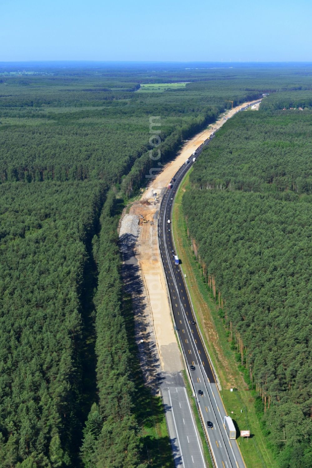 Rauen from the bird's eye view: Construction and widening of the route of the highway / motorway BAB A12 / E30 at Rauen in Brandenburg