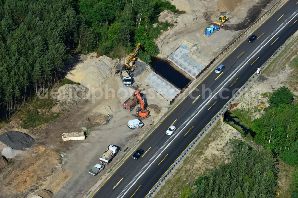 Rauen from the bird's eye view: Construction and widening of the route of the highway / motorway BAB A12 / E30 at Rauen in Brandenburg