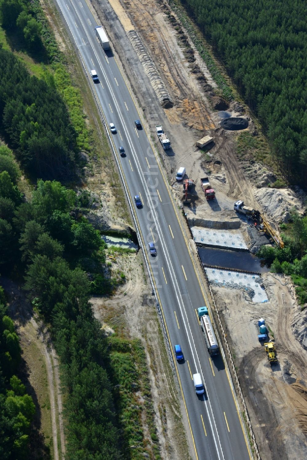 Rauen from above - Construction and widening of the route of the highway / motorway BAB A12 / E30 at Rauen in Brandenburg