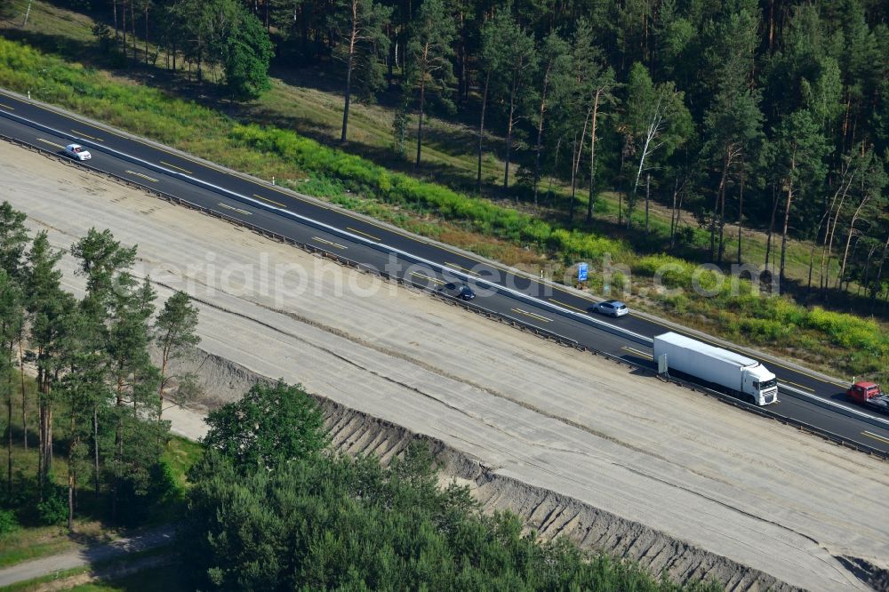 Rauen from the bird's eye view: Construction and widening of the route of the highway / motorway BAB A12 / E30 at Rauen in Brandenburg