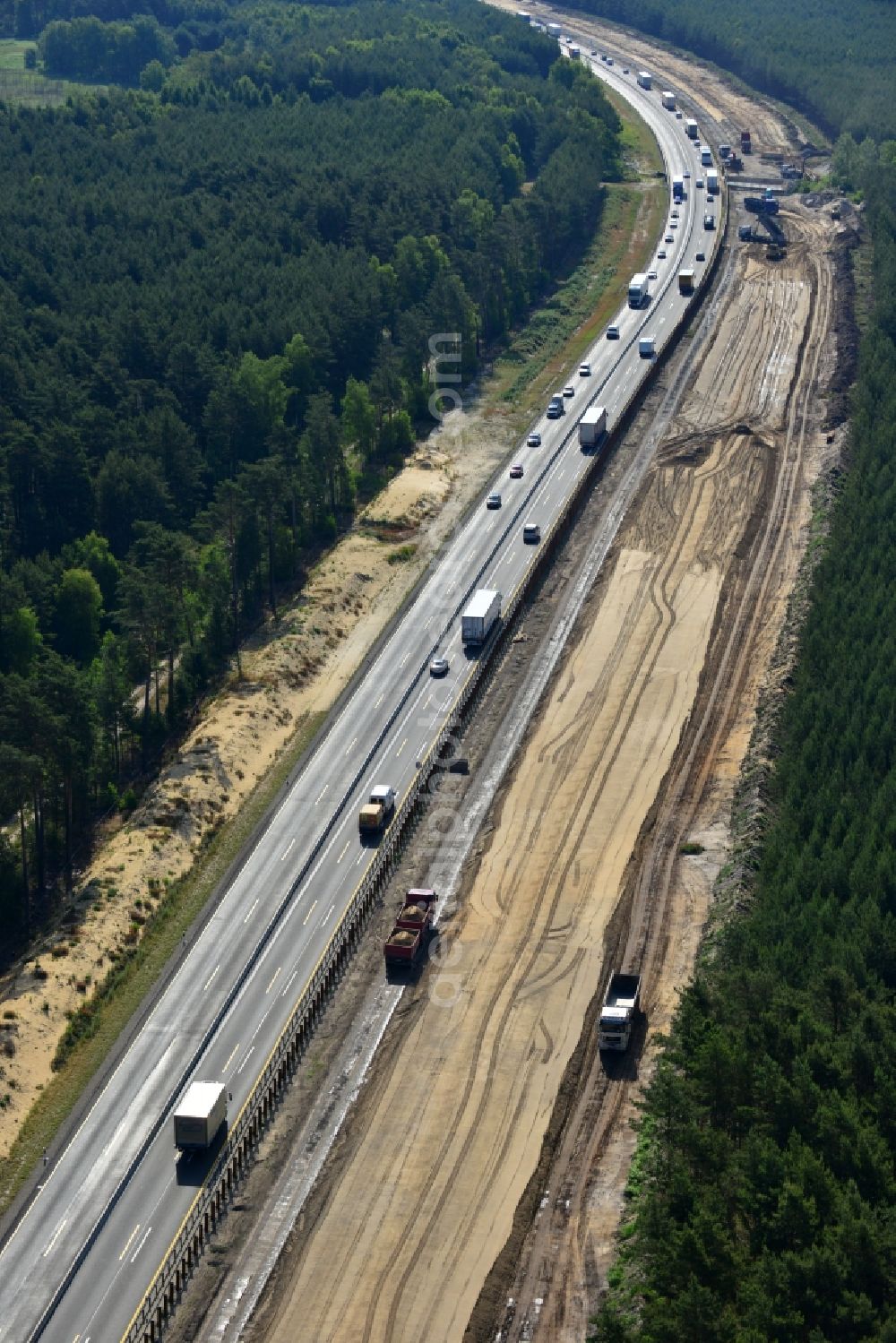 Rauen from above - Construction and widening of the route of the highway / motorway BAB A12 / E30 at Rauen in Brandenburg