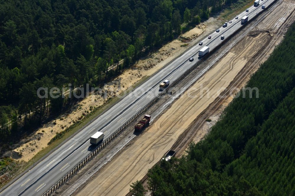 Rauen from the bird's eye view: Construction and widening of the route of the highway / motorway BAB A12 / E30 at Rauen in Brandenburg