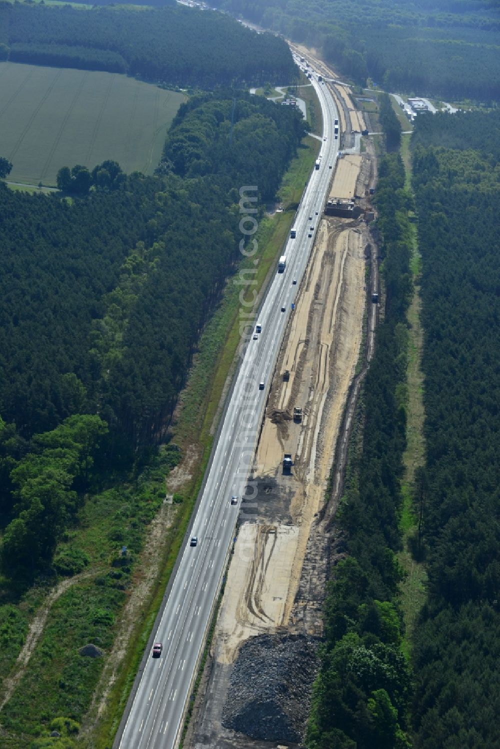 Rauen from above - Construction and widening of the route of the highway / motorway BAB A12 / E30 at Rauen in Brandenburg