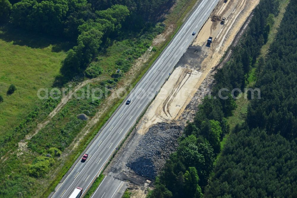 Rauen from the bird's eye view: Construction and widening of the route of the highway / motorway BAB A12 / E30 at Rauen in Brandenburg