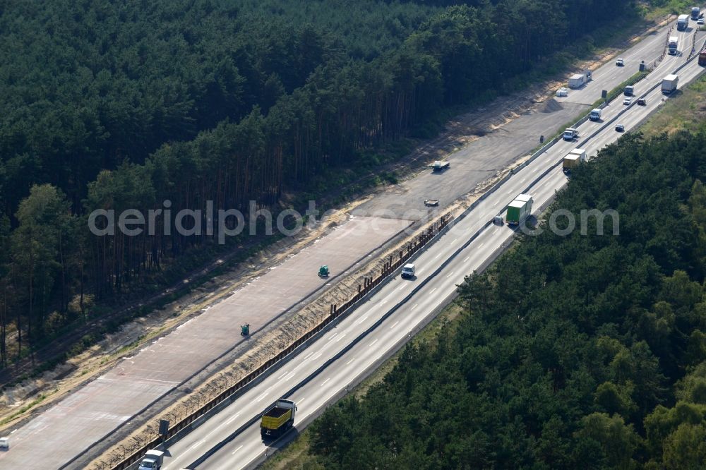 Rauen from the bird's eye view: Construction and widening of the route of the highway / motorway BAB A12 / E30 at Rauen in Brandenburg