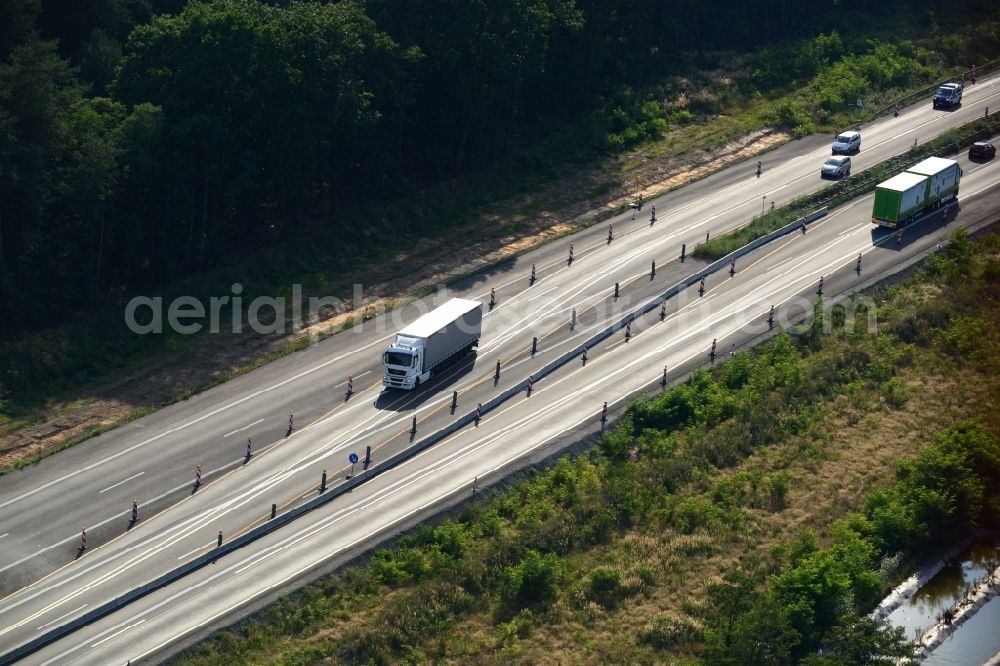 Rauen from the bird's eye view: Construction and widening of the route of the highway / motorway BAB A12 / E30 at Rauen in Brandenburg