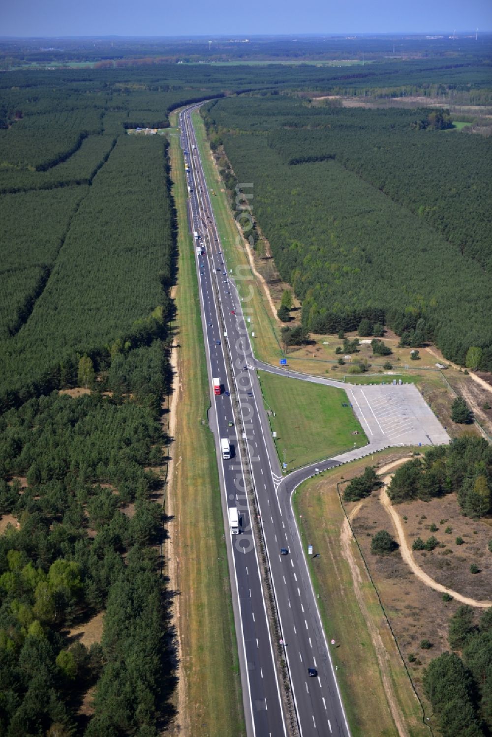 Spreeenhagen from above - Construction and widening of the route of the highway / motorway BAB A12 / E30 in the rest areas / parking Spreenhagen in Brandenburg