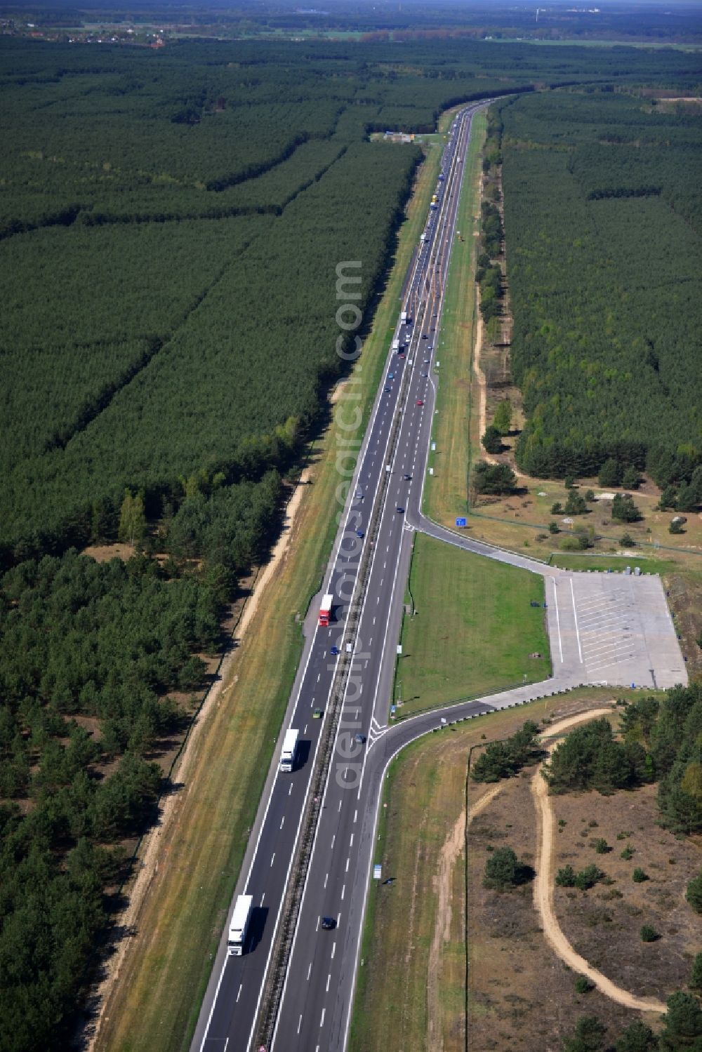 Spreeenhagen from the bird's eye view: Construction and widening of the route of the highway / motorway BAB A12 / E30 in the rest areas / parking Spreenhagen in Brandenburg