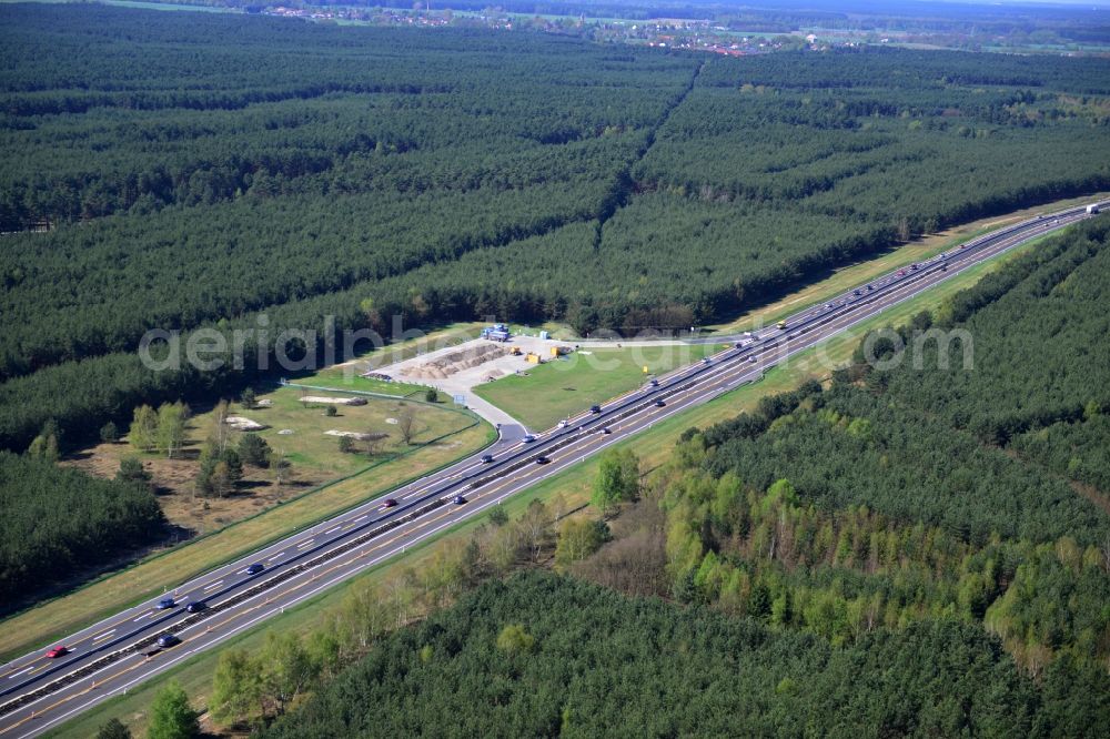 Aerial photograph Spreeenhagen - Construction and widening of the route of the highway / motorway BAB A12 / E30 in the rest areas / parking Spreenhagen in Brandenburg