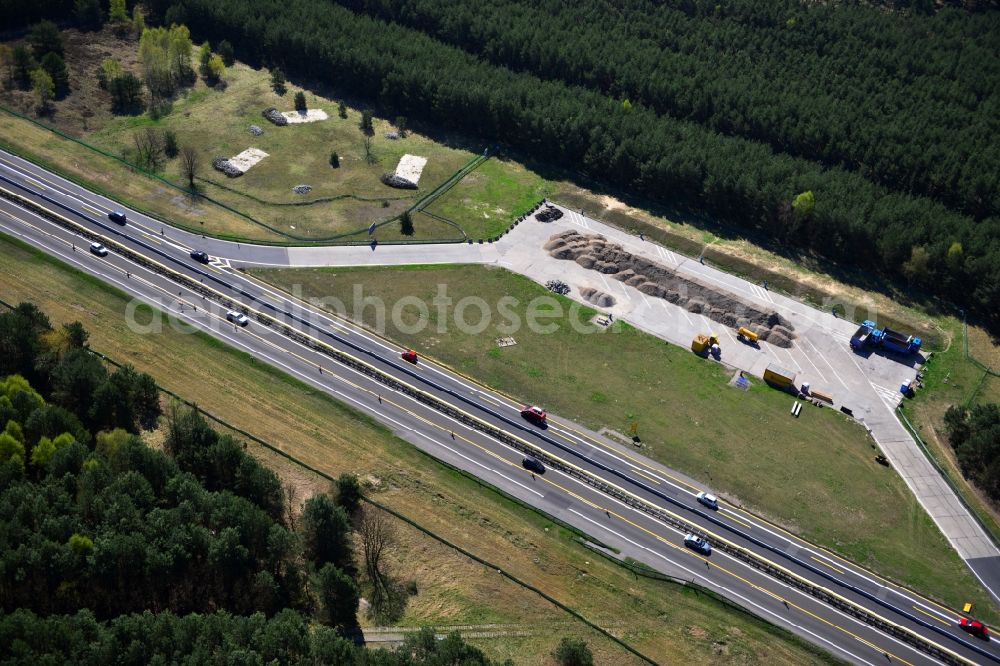 Spreeenhagen from above - Construction and widening of the route of the highway / motorway BAB A12 / E30 in the rest areas / parking Spreenhagen in Brandenburg