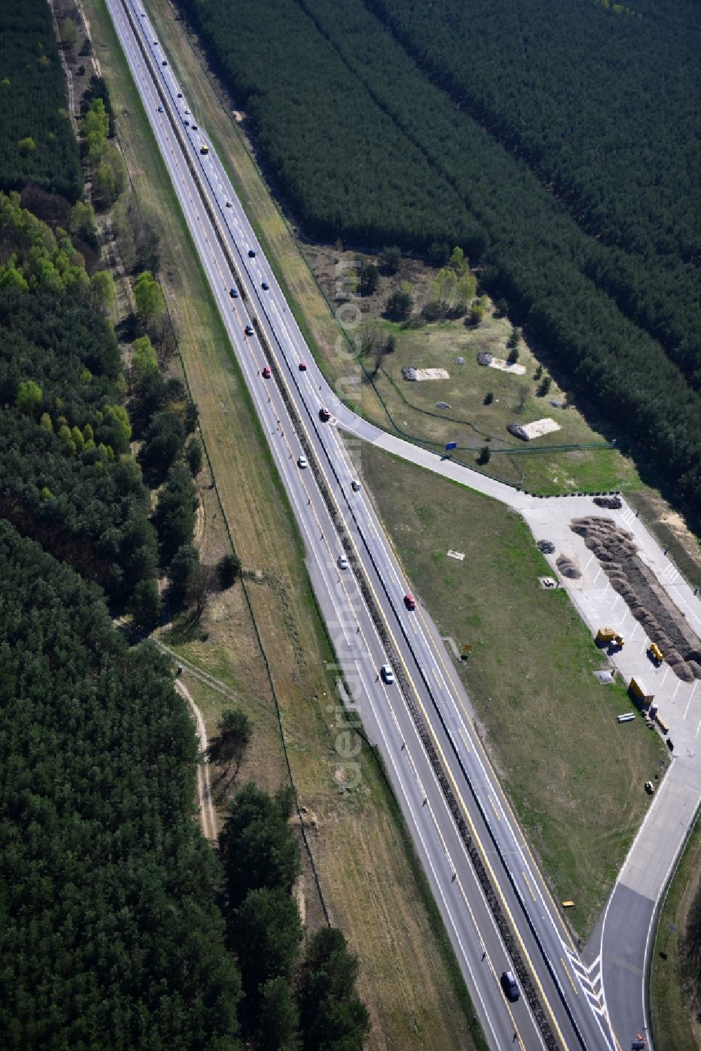 Spreeenhagen from the bird's eye view: Construction and widening of the route of the highway / motorway BAB A12 / E30 in the rest areas / parking Spreenhagen in Brandenburg