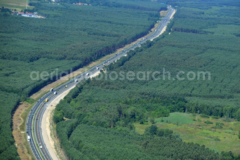 Spreenhagen from the bird's eye view: Construction and widening of the route of the highway / motorway BAB A12 / E30 at Spreenhagen in Brandenburg