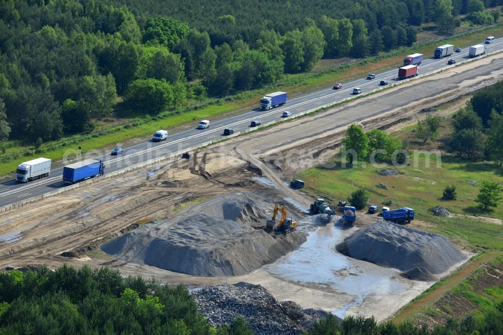 Spreeenhagen from the bird's eye view: Construction and widening of the route of the highway / motorway BAB A12 / E30 in the rest areas / parking Spreenhagen in Brandenburg