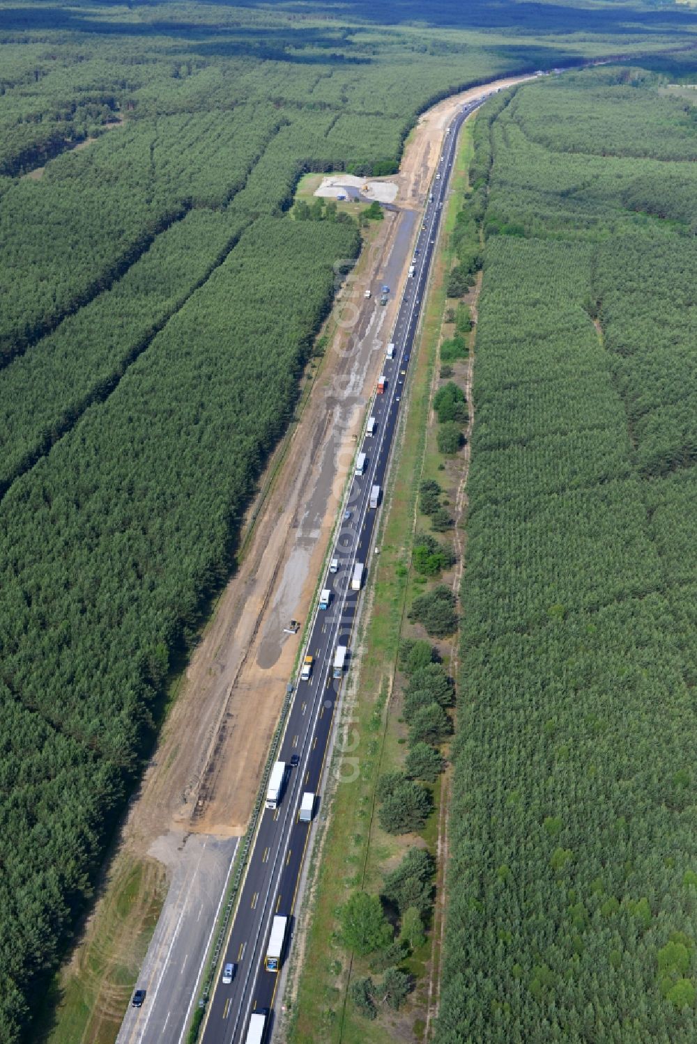 Spreeenhagen from above - Construction and widening of the route of the highway / motorway BAB A12 / E30 in the rest areas / parking Spreenhagen in Brandenburg