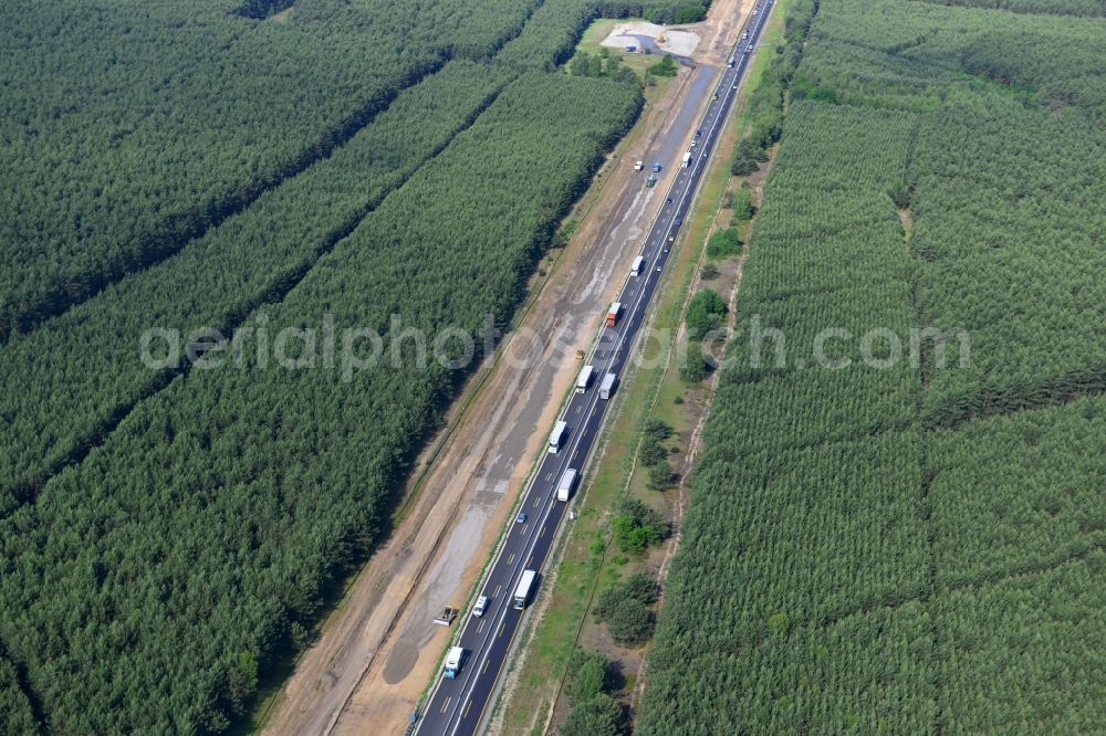 Spreeenhagen from the bird's eye view: Construction and widening of the route of the highway / motorway BAB A12 / E30 in the rest areas / parking Spreenhagen in Brandenburg