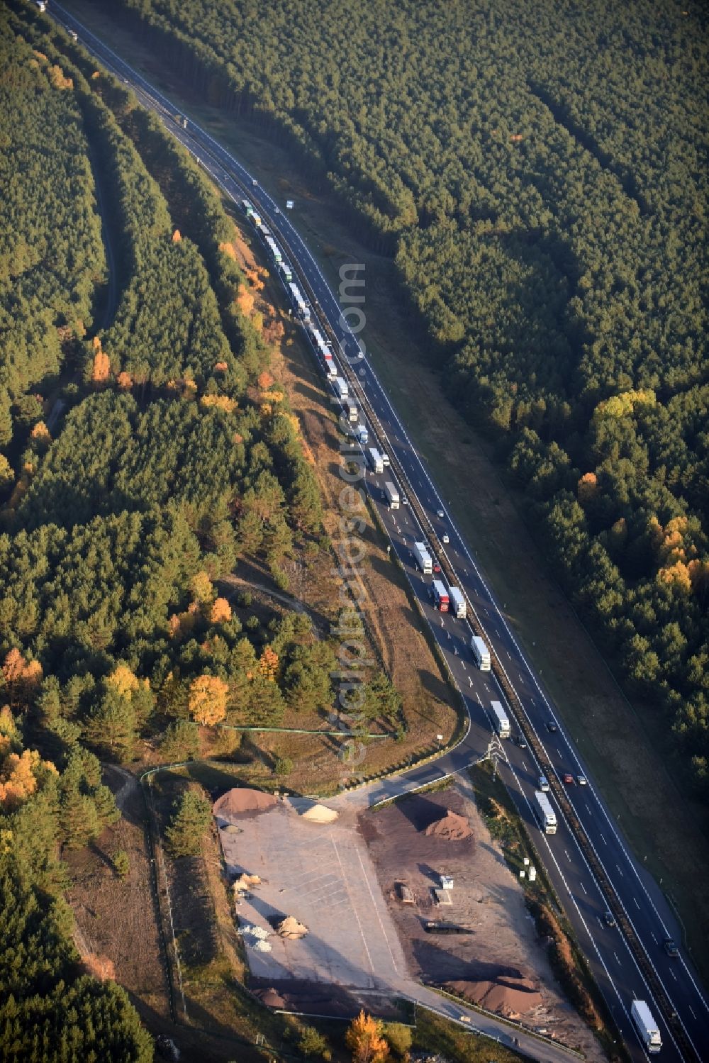 Spreenhagen from above - Construction and widening of the route of the highway / motorway BAB A12 / E30 in the rest areas / parking Spreenhagen in Brandenburg