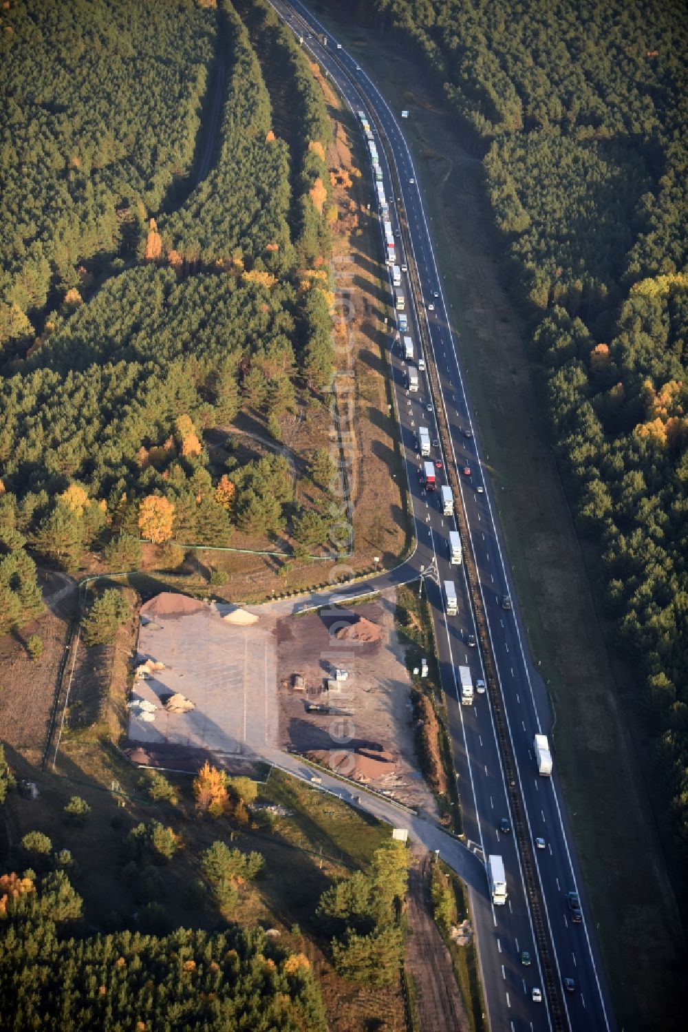 Spreenhagen from the bird's eye view: Construction and widening of the route of the highway / motorway BAB A12 / E30 in the rest areas / parking Spreenhagen in Brandenburg