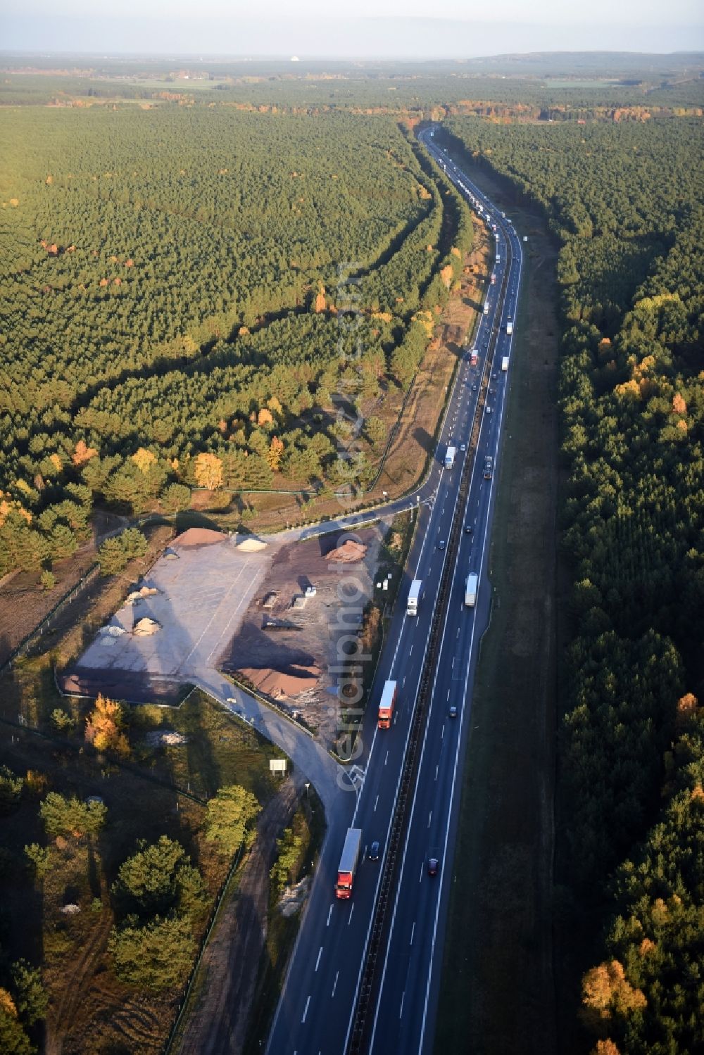 Spreenhagen from above - Construction and widening of the route of the highway / motorway BAB A12 / E30 in the rest areas / parking Spreenhagen in Brandenburg