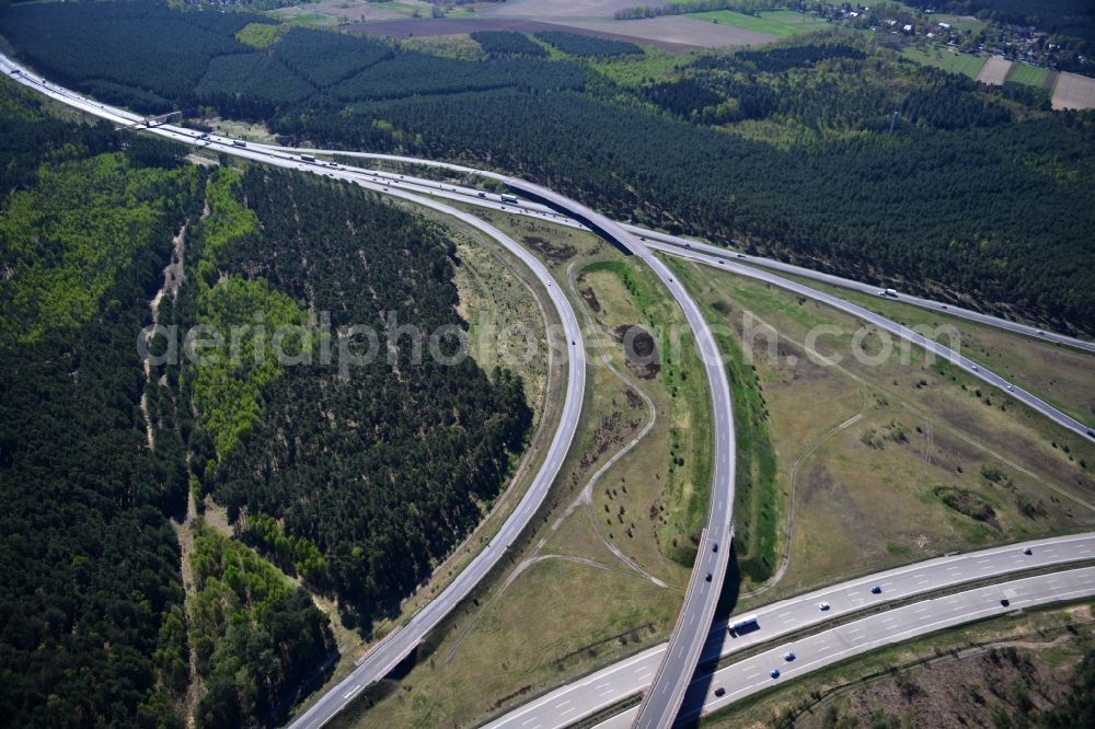 Friedrichshof from above - Construction and widening of the route of the highway / motorway BAB A12 Berliner Ring in Brandenburg. The picture shows the junction Spreeau