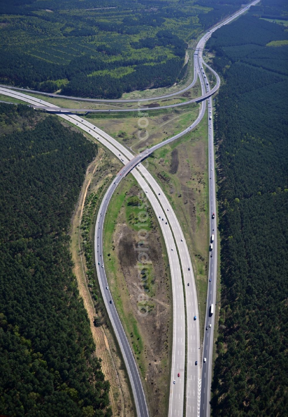 Friedrichshof from the bird's eye view: Construction and widening of the route of the highway / motorway BAB A12 Berliner Ring in Brandenburg. The picture shows the junction Spreeau