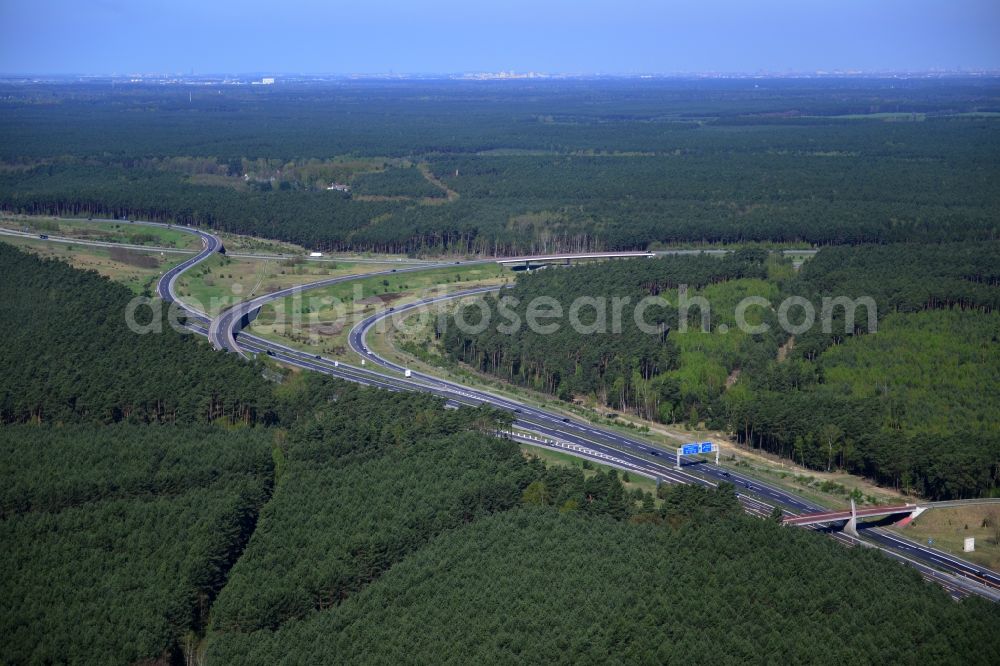 Friedrichshof from the bird's eye view: Construction and widening of the route of the highway / motorway BAB A12 Berliner Ring in Brandenburg. The picture shows the junction Spreeau