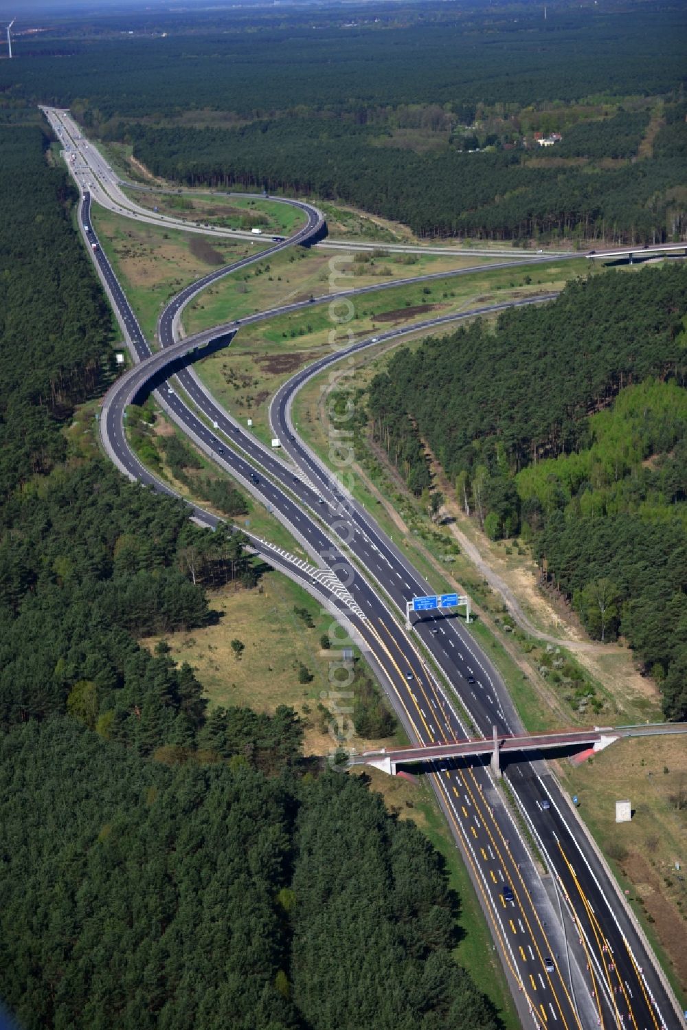 Aerial photograph Friedrichshof - Construction and widening of the route of the highway / motorway BAB A12 Berliner Ring in Brandenburg. The picture shows the junction Spreeau