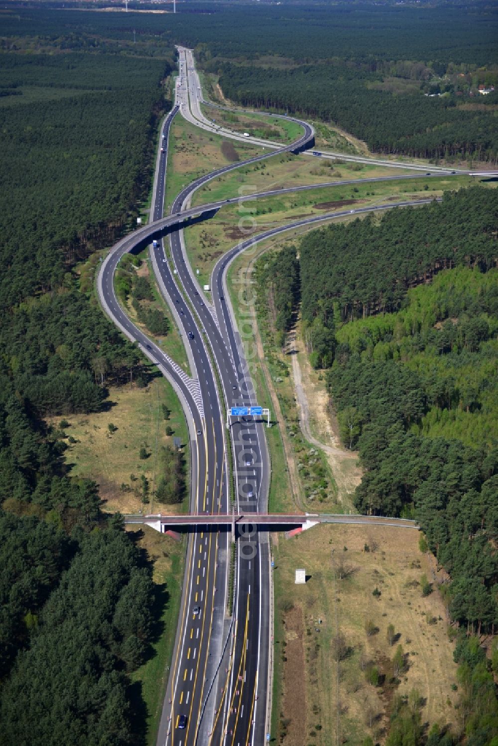 Friedrichshof from above - Construction and widening of the route of the highway / motorway BAB A12 Berliner Ring in Brandenburg. The picture shows the junction Spreeau