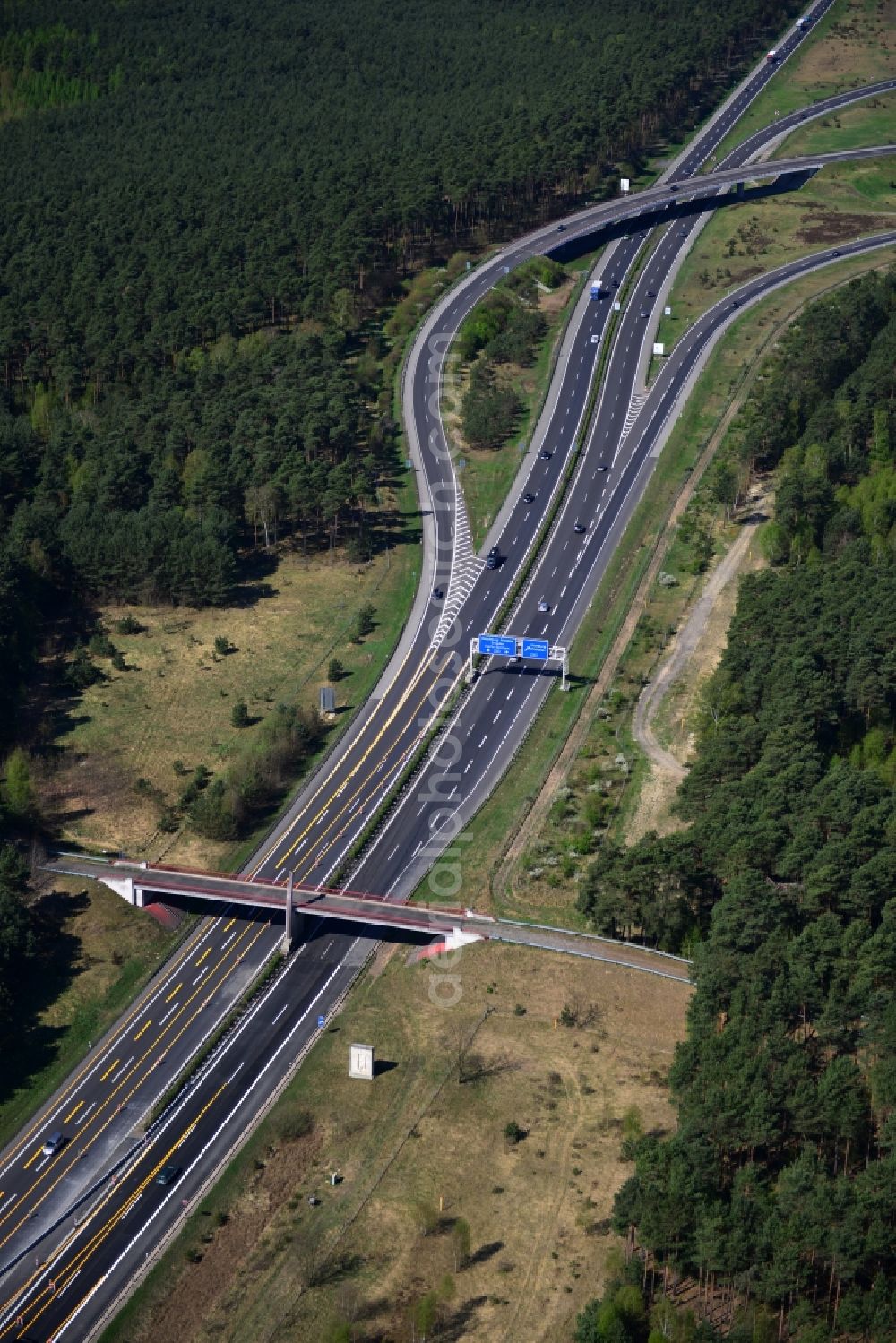 Friedrichshof from the bird's eye view: Construction and widening of the route of the highway / motorway BAB A12 Berliner Ring in Brandenburg. The picture shows the junction Spreeau