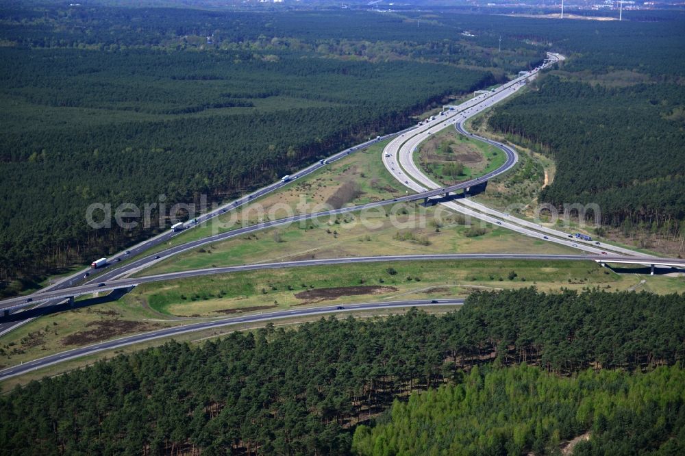 Aerial image Friedrichshof - Construction and widening of the route of the highway / motorway BAB A12 Berliner Ring in Brandenburg. The picture shows the junction Spreeau