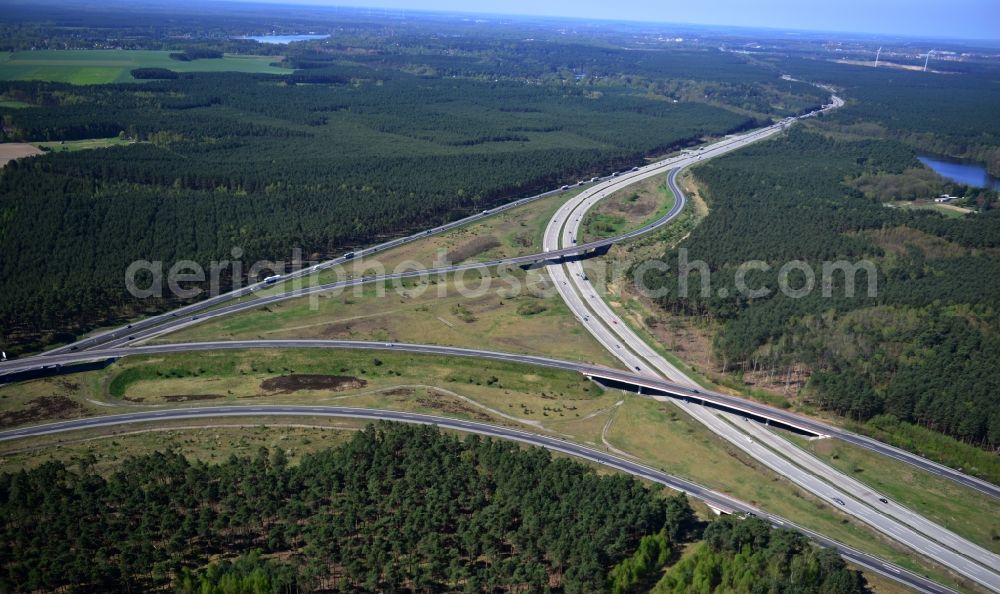 Aerial photograph Friedrichshof - Construction and widening of the route of the highway / motorway BAB A12 Berliner Ring in Brandenburg. The picture shows the junction Spreeau