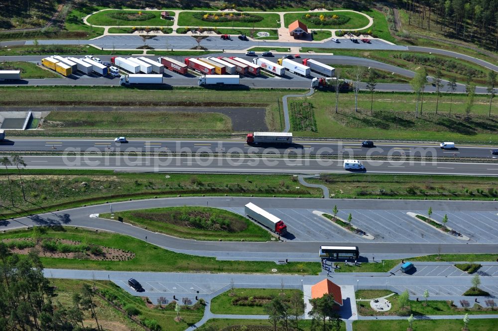 Aerial photograph Markgrafpieske - Construction and widening of the route of the highway / motorway BAB A12 / E30 in the service area / parking Briesenluch in Brandenburg