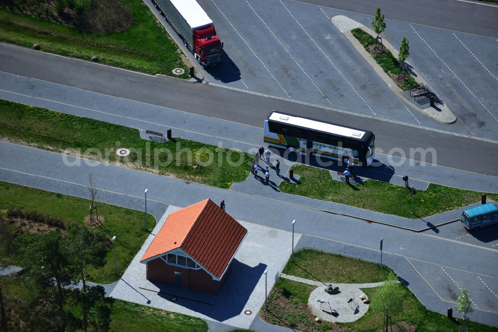 Markgrafpieske from above - Construction and widening of the route of the highway / motorway BAB A12 / E30 in the service area / parking Briesenluch in Brandenburg