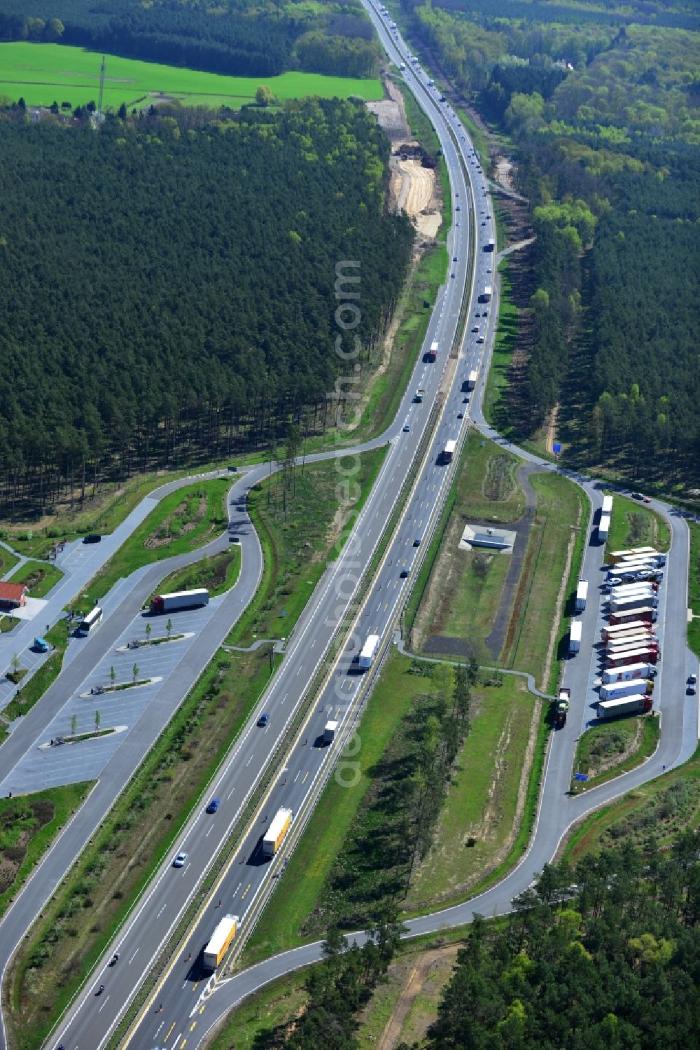 Aerial image Markgrafpieske - Construction and widening of the route of the highway / motorway BAB A12 / E30 in the service area / parking Briesenluch in Brandenburg