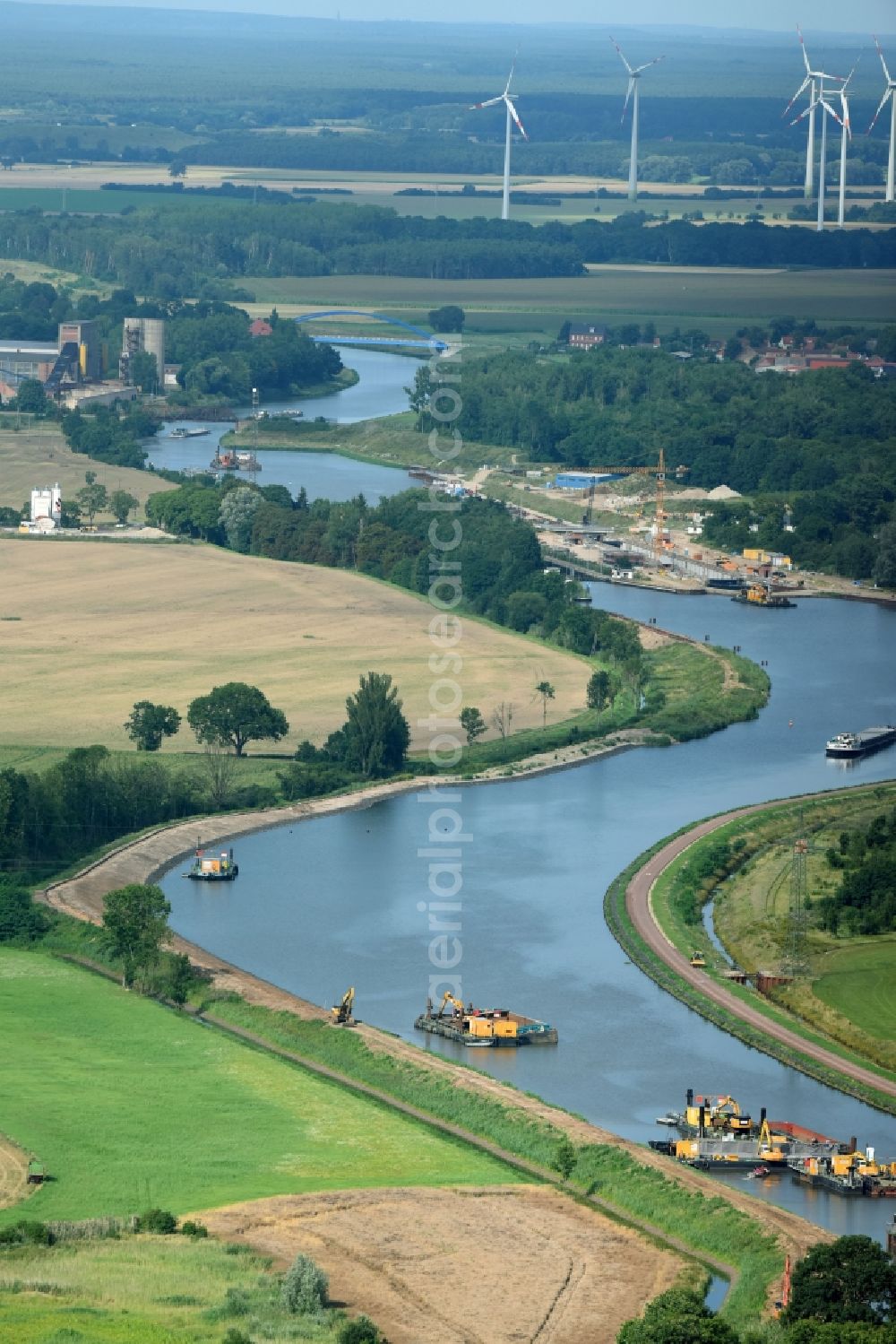 Burg from above - Curved loop of the riparian zones on the course of the river Elbe-Havel-Kanal in Burg in the state Saxony-Anhalt, Germany