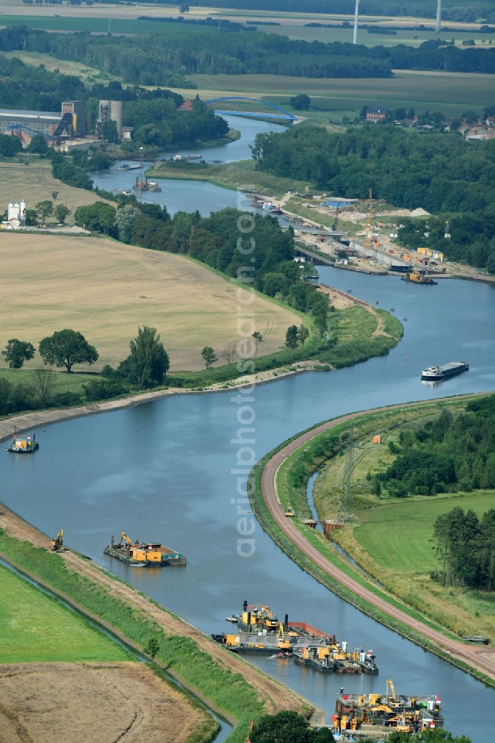 Burg from the bird's eye view: Curved loop of the riparian zones on the course of the river Elbe-Havel-Kanal in Burg in the state Saxony-Anhalt, Germany