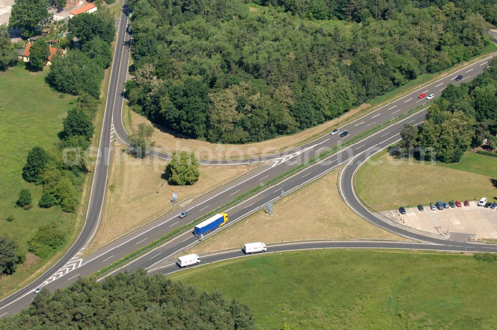 Aerial photograph Finowfurt - Blick auf die Ausfahrt / Auffahrt Finowfurt an der Autobahn A 4. View of the freeway exit ramp / motorway exit slip road / entrance ramp Finowfurt.