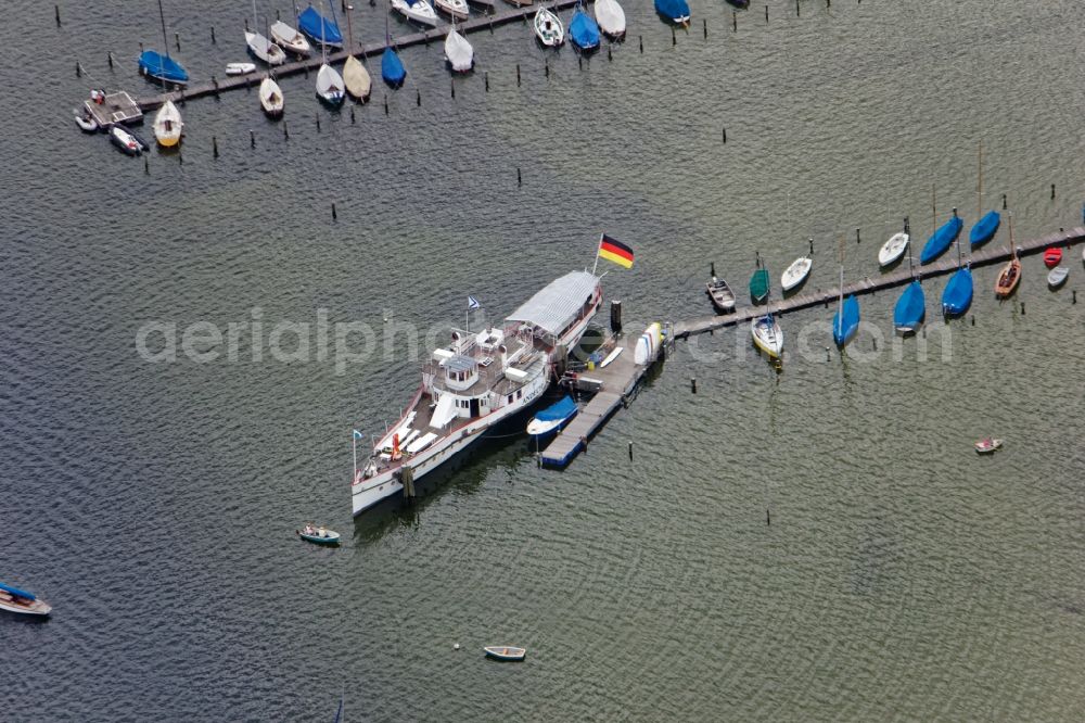 Utting am Ammersee from above - Passenger ship Andechs in Utting am Ammersee in the state Bavaria, Germany