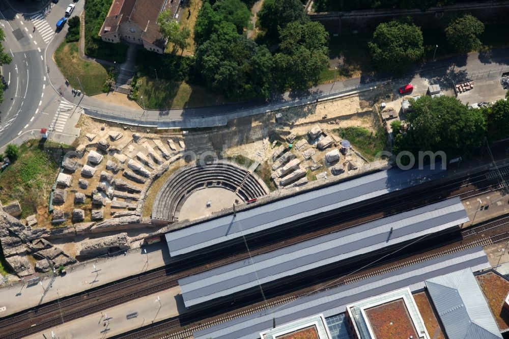 Mainz from above - Archaeological site Roman Theatre Mogontiacum at city railway station Roman Theatre in Mainz in Rhineland-Palatinate