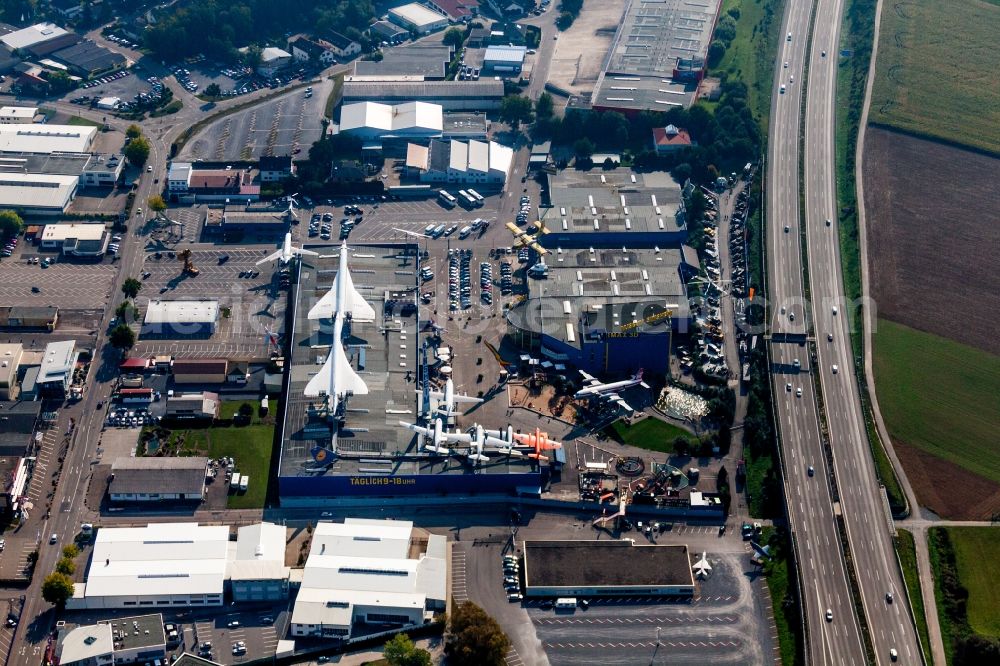 Sinsheim from the bird's eye view: Museum building ensemble Auto & Technik MUSEUM SINSHEIM in the district Steinsfurt in Sinsheim in the state Baden-Wurttemberg, Germany