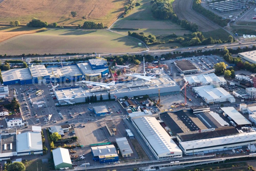 Aerial photograph Sinsheim - Museum building ensemble Auto & Technik MUSEUM SINSHEIM in the district Steinsfurt in Sinsheim in the state Baden-Wurttemberg, Germany