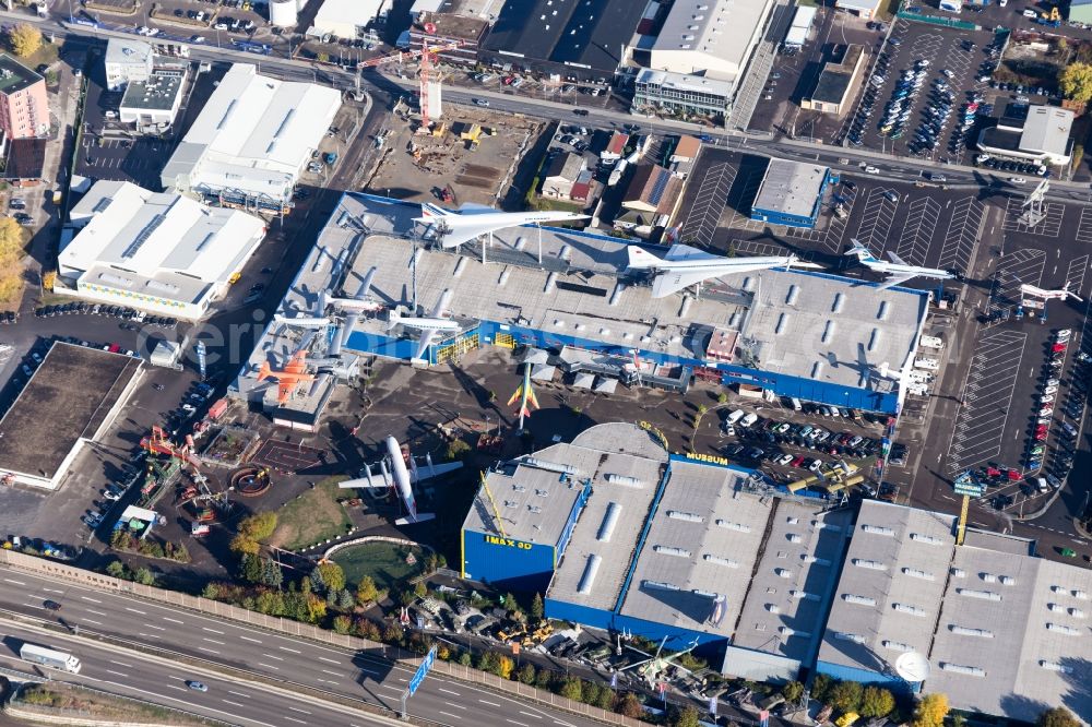 Aerial photograph Sinsheim - Museum building ensemble Auto & Technik MUSEUM SINSHEIM in the district Steinsfurt in Sinsheim in the state Baden-Wurttemberg, Germany