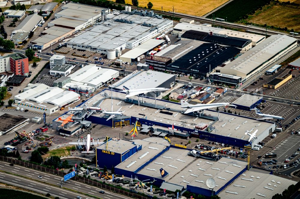 Sinsheim from the bird's eye view: Museum building ensemble Auto & Technik MUSEUM SINSHEIM in the district Steinsfurt in Sinsheim in the state Baden-Wurttemberg, Germany