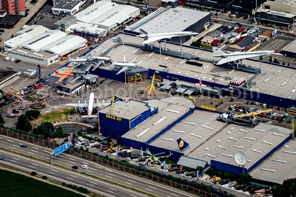 Aerial photograph Sinsheim - Museum building ensemble Auto & Technik MUSEUM SINSHEIM in the district Steinsfurt in Sinsheim in the state Baden-Wurttemberg, Germany