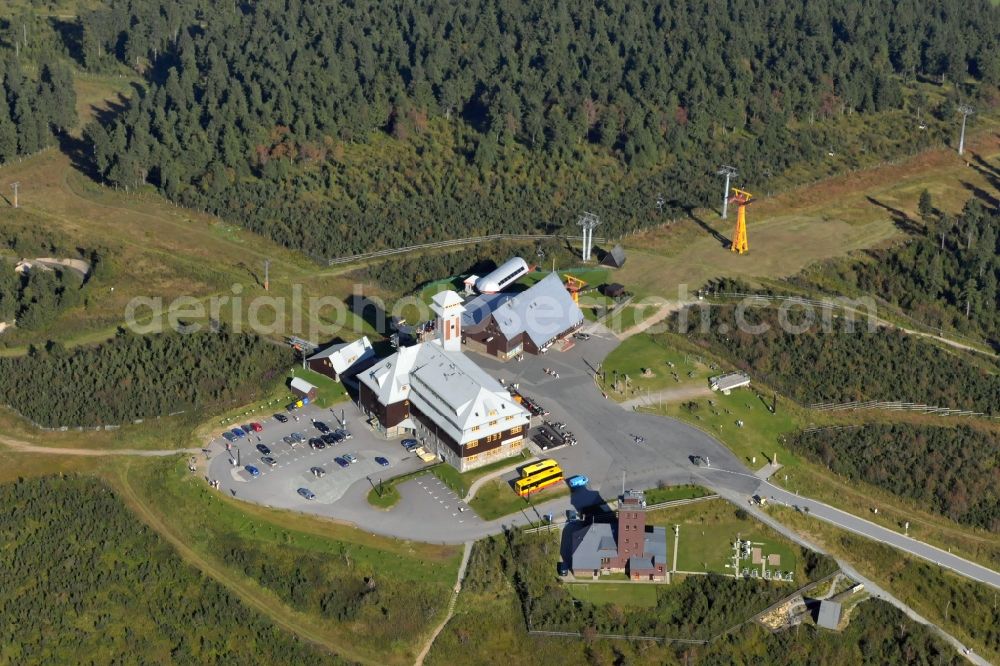 Kurort Oberwiesenthal from the bird's eye view: Viewing platform on the top of the Ore Fichtelberg Mountains in Saxony