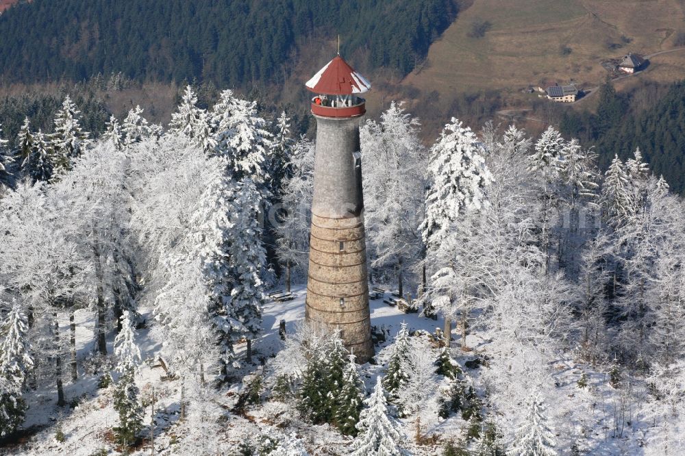 Zell im Wiesental from the bird's eye view: Winter on the mountain top Hohe Moehr in Zell im Wiesental in Baden-Wuerttemberg. Lookout and radio tower on the prominent mountain summit in the southern Black Forest are covered with snow